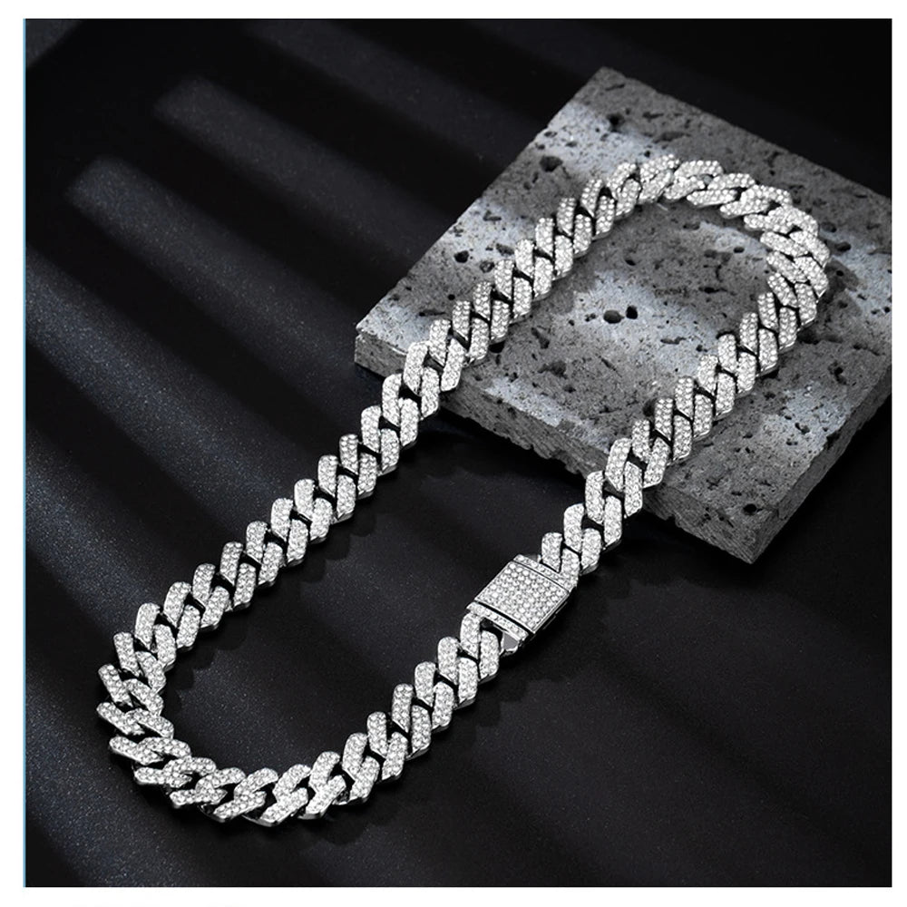 Mens 13MM Cuban Link Chain Necklace & Bracelet Set Silver Miami Hip Hop Jewelry Bling Diamond Choker for Men And Women