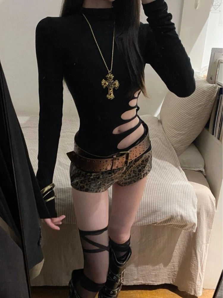 Sexy Retro Long Sleeve T-Shirt Women Vintage Hollow Out Design Slim Black Tops Harajuku Casual High Street Chic Clothes