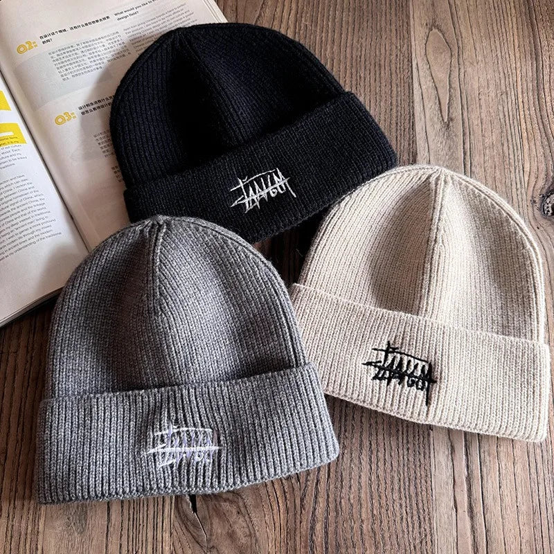 Embroidered Letter Beanie - Soft Warm Knit Hat for Men & Women, Stretchable Slouchy Cap for Casual & Travel