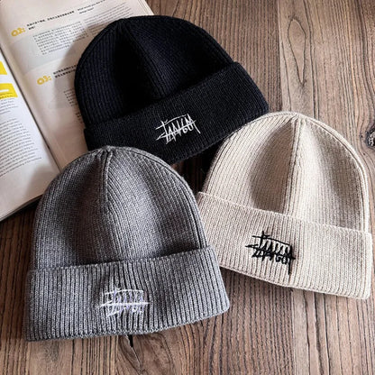 Embroidered Letter Beanie - Soft Warm Knit Hat for Men & Women, Stretchable Slouchy Cap for Casual & Travel
