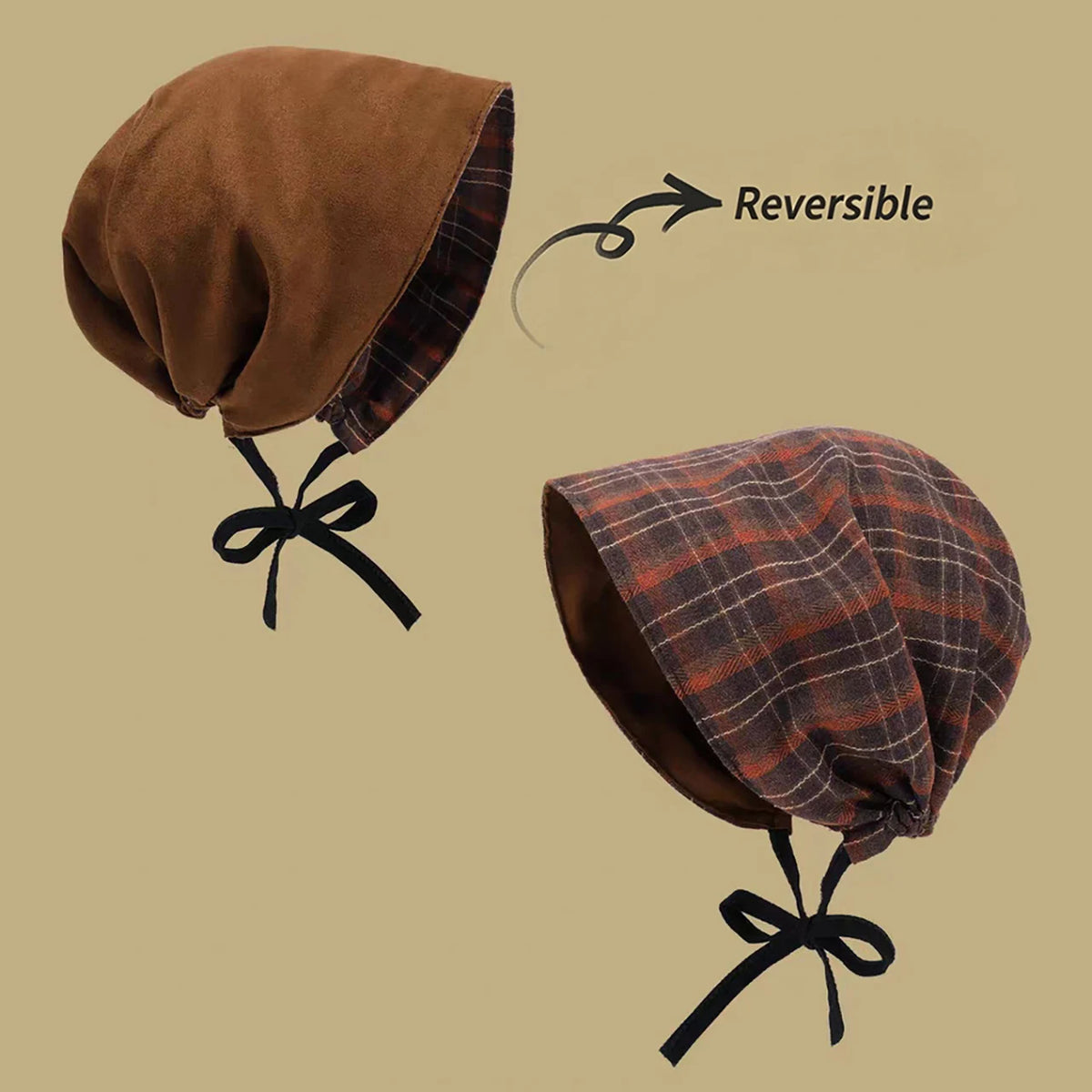 Vintage Plaid Beanies Hat for Women Autumn Spring Double-sided Wear Headscarf Hats Hip Hop Girl Versatile Warm Pullover Cap