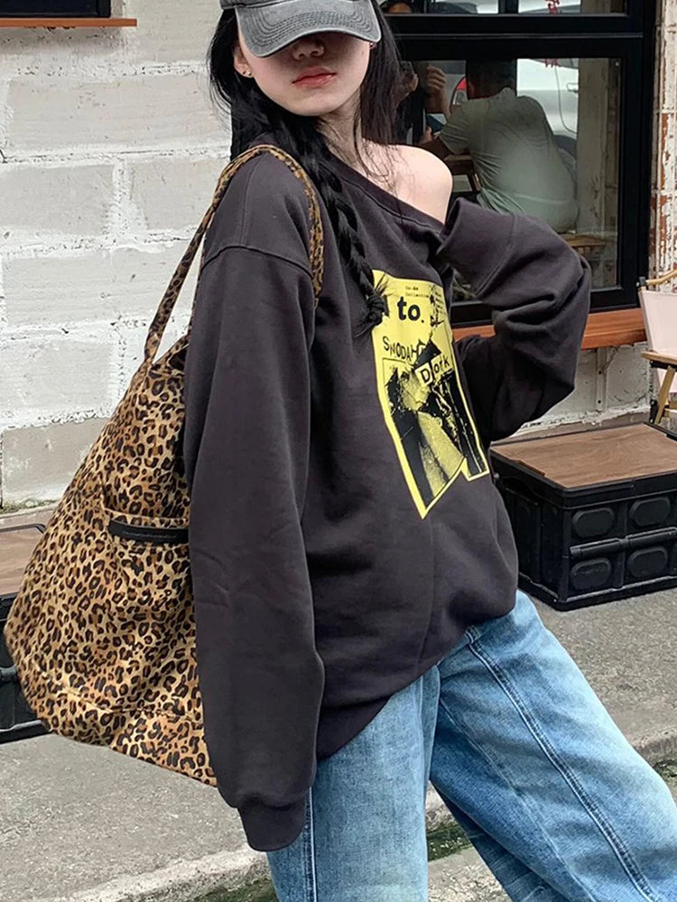 Pure Cotton Print Streetwear Sweatshirt Women Loose Vintage Long Sleeve Harajuku Pullover Retro Oversize American O Neck Tops