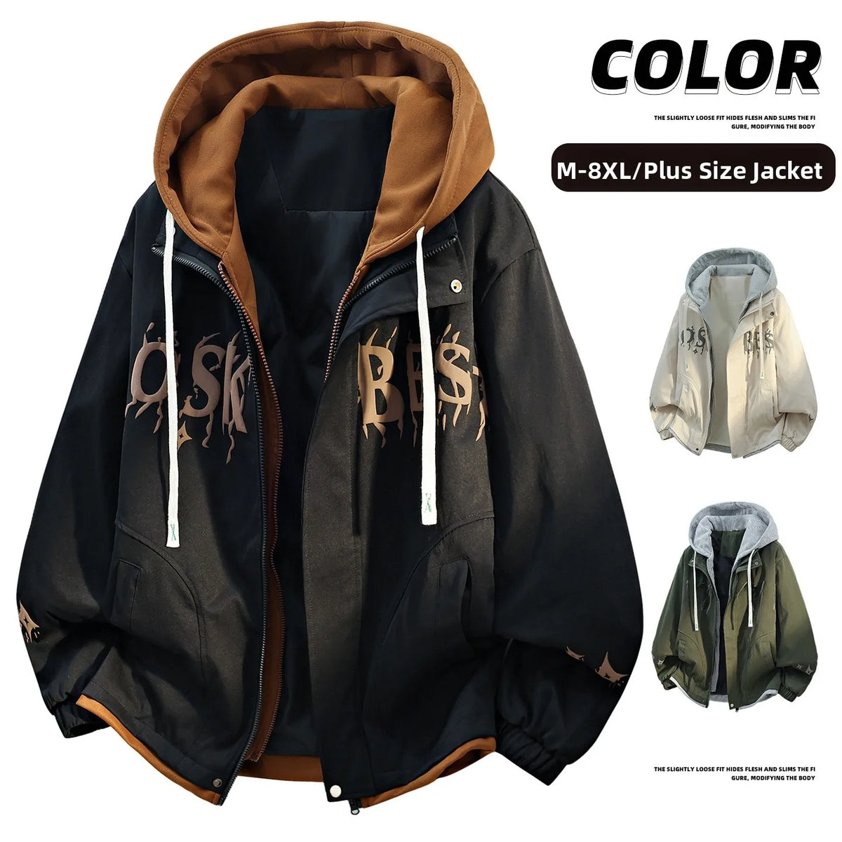 Large Size Men's Jacket Coat Fake Two-Piece Autumn Winter New Style Street Trend Polyester Fiber Non-Shrinkage Zipper Closure...