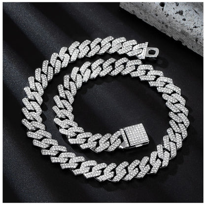 Mens 13MM Cuban Link Chain Necklace & Bracelet Set Silver Miami Hip Hop Jewelry Bling Diamond Choker for Men And Women