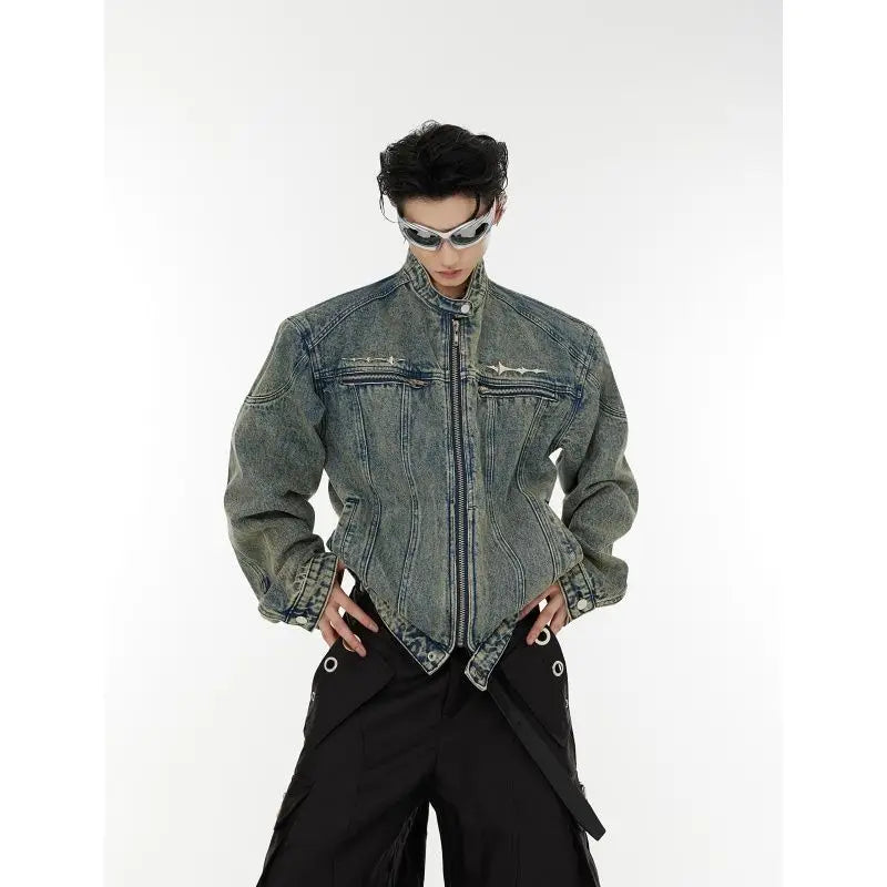 Rugged Slim Fit Men's Denim Jacket Heavyweight korean Style Washed in Fashion Stand Collar Hip Hop Trendy Casual Coat