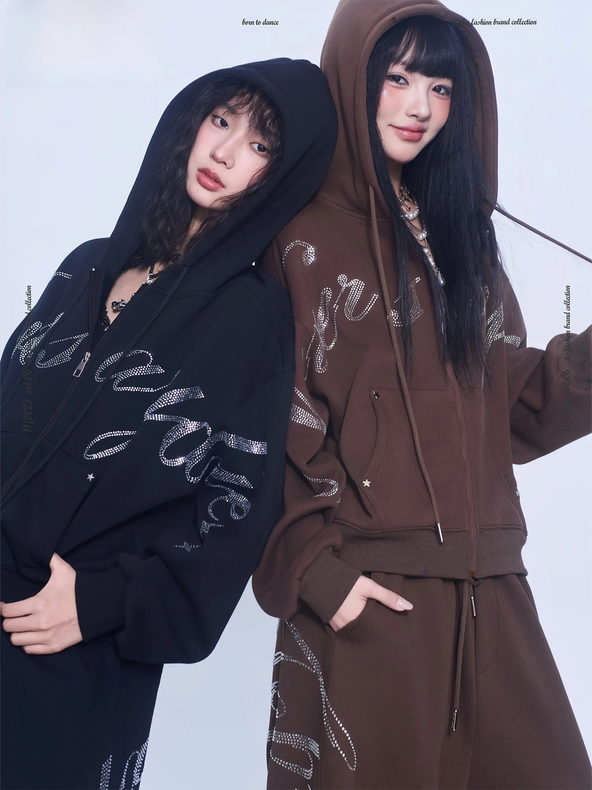 CBXLAB Street Dance Trendy Brand Glitter Heart Rhinestone Set Autumn Winter Fleece Lined Hooded Jacket Hip Hop Pants