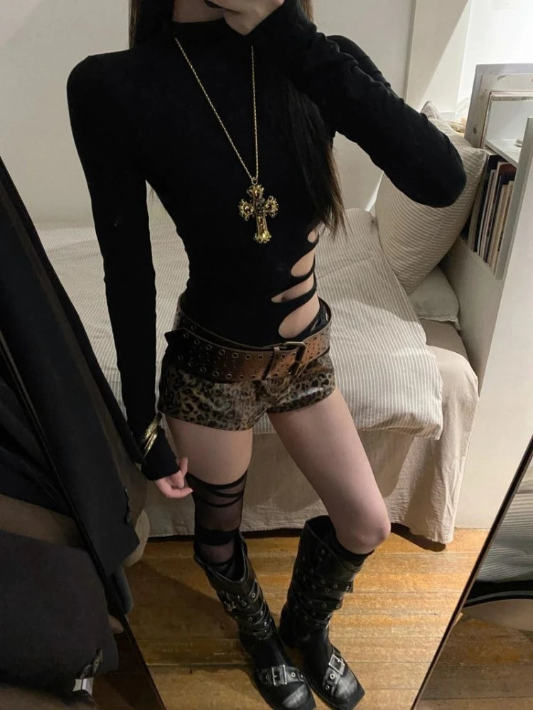 Sexy Retro Long Sleeve T-Shirt Women Vintage Hollow Out Design Slim Black Tops Harajuku Casual High Street Chic Clothes