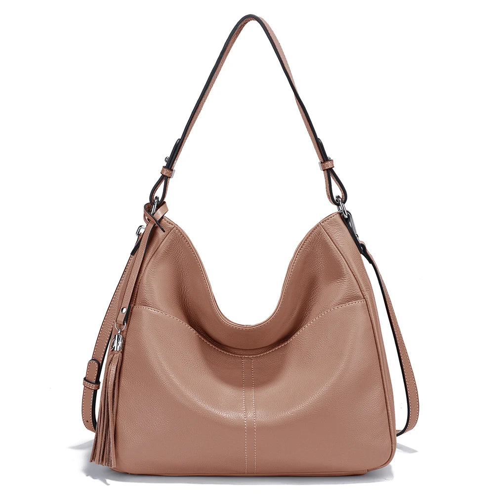 Zency Elegant Beige Tassel Hobo Bag Soft Leather Women's Shoulder Bag 2025 New Handbag Long Strap Crossbody 8 Color Shopper