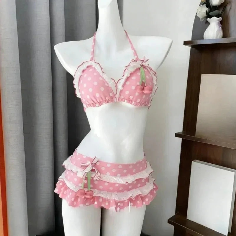 Y2K Korean Cute Two Piece Swimsuit Women Print Ruffle Halter Bikini with Mini Skirt Beach Vacation
