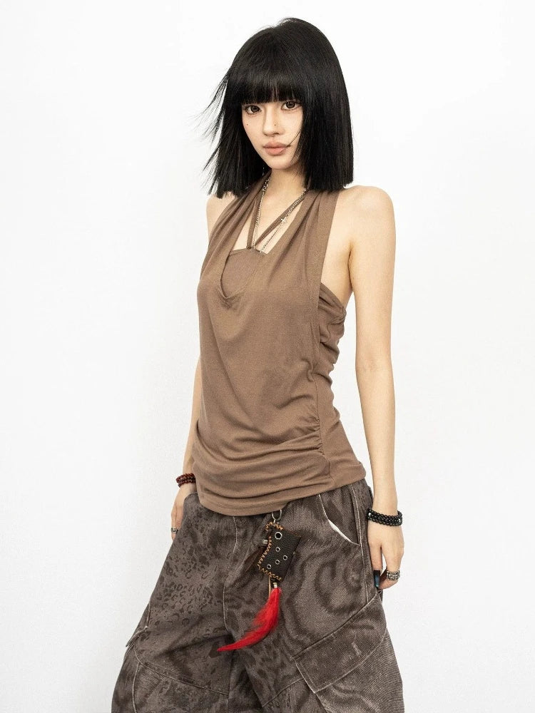 2026 Fake Two Pieces Streetwear Women Tank Top Harajuku Halter Vintage Camisole Summer Sexy Y2k Aesthetic Slim Fit Pleated Vest