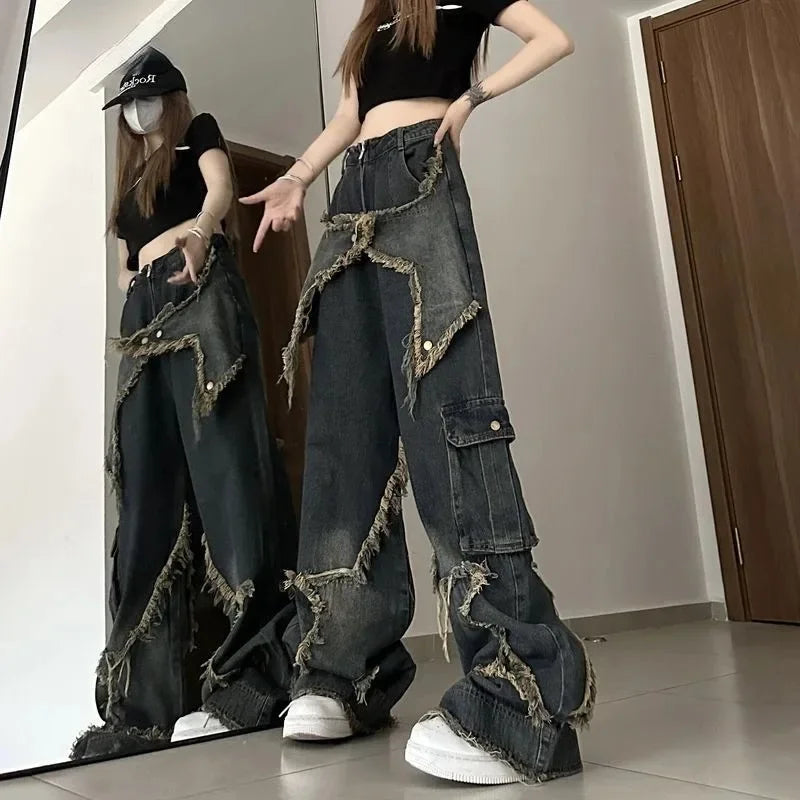 Baggy Jeans for Women Autumn/winter Korean Vintage Design Empty Star Appliqué and Faded Straight-leg Trousers