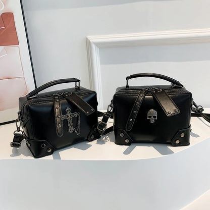 Women Gothic Punk Square Small Crossbody Handbag with Top Handle Skull Crosses Chain PU Leather Shoulder Bag Purse