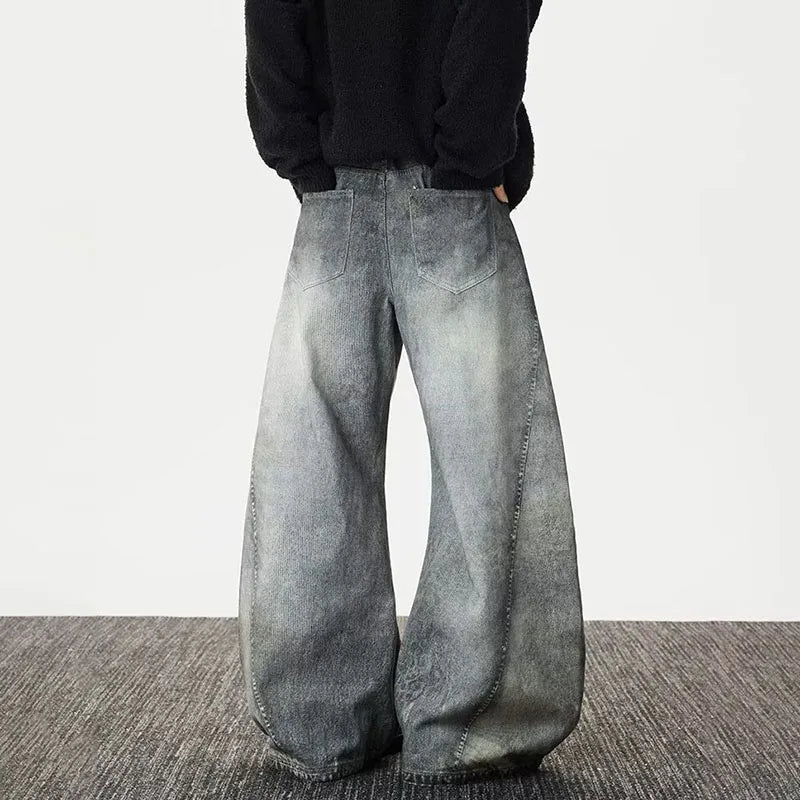 Spring And Autumn Vintage Smoke Grey Curved Knife Jeans For Men Casual Loose Straight Leg Pants Flared Pants Pants
