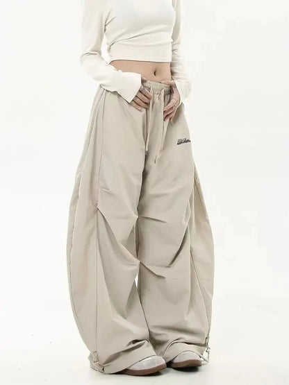 Women Casual Joggers Tech Pants Solid Low Waist Pants Drawstring Wide Leg Baggy Trousers Y2k Streetwear Oversize Sweatpants