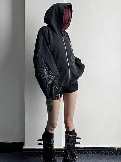 American Vintage Distressed Print Hoodie Long Sleeve Slim Women Casual Sweatshirt Streetwear Y2k Retro Zipper 2025 Autumn