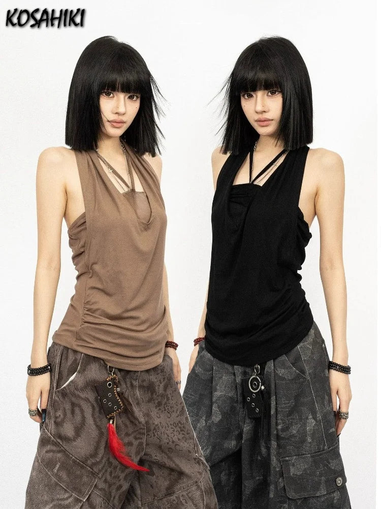 2026 Fake Two Pieces Streetwear Women Tank Top Harajuku Halter Vintage Camisole Summer Sexy Y2k Aesthetic Slim Fit Pleated Vest