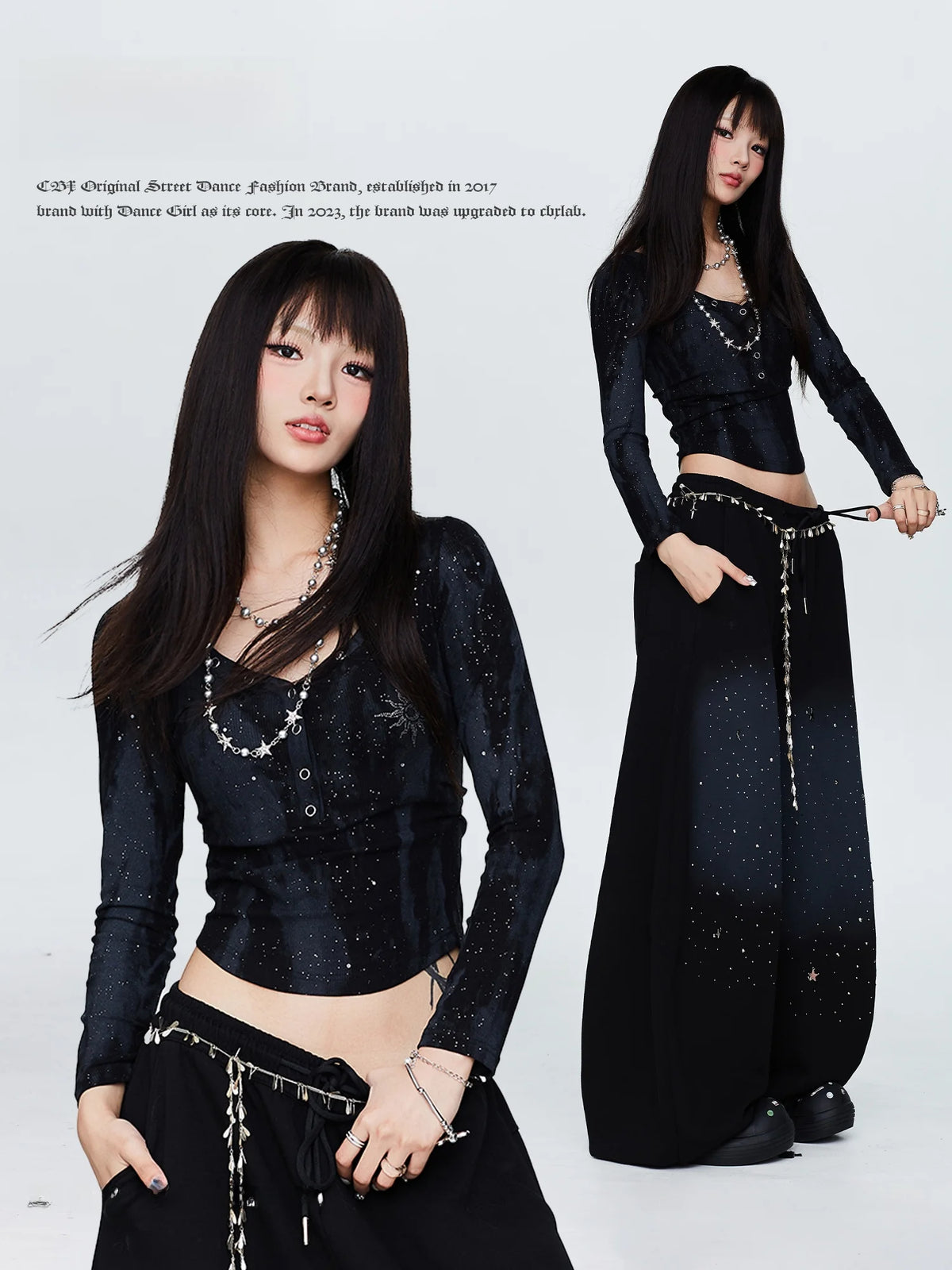 CBXLAB Street Dance Trendy Black American Rhinestone Sparkling Short Sleeve Jazz Sport Pants Set Women's Casual Sportswear