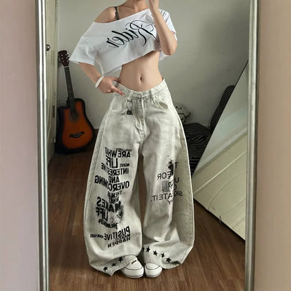 Personalized Graffiti Letter Women's Jeans Heavy Industry Smudge Fashion Spice Style Retro Old Wide Leg Design Loose Trousers