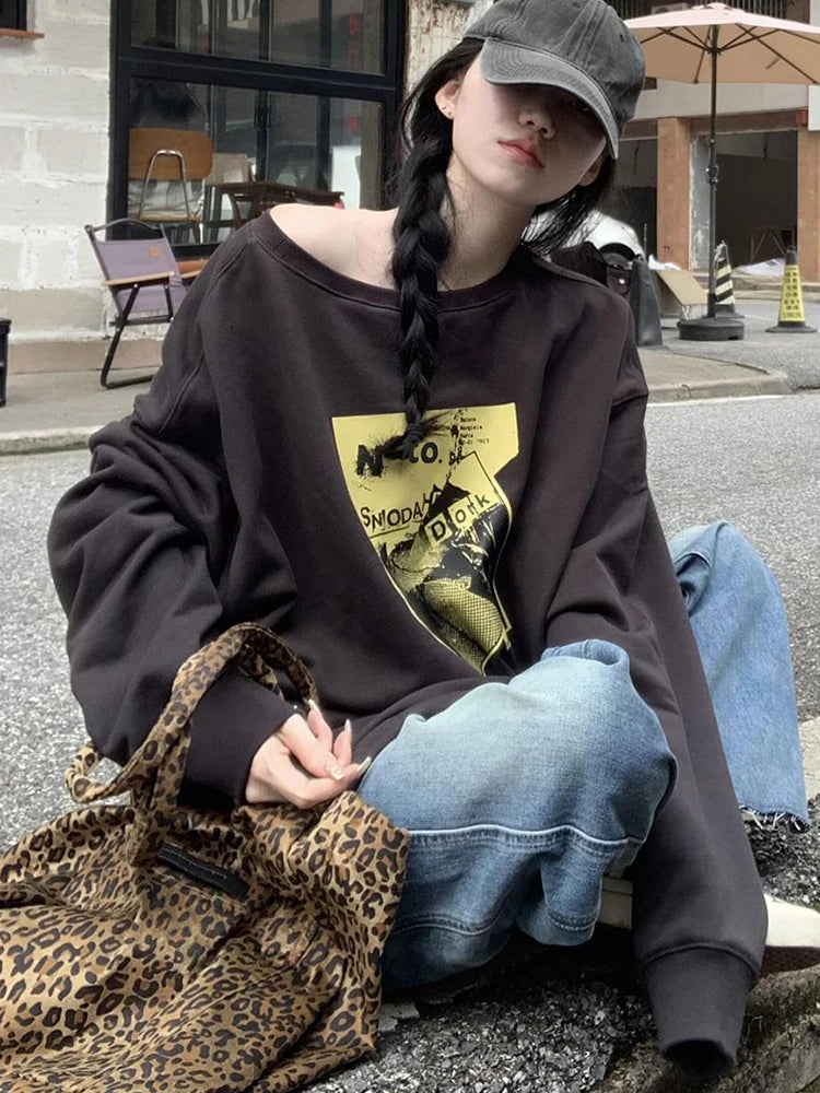 Pure Cotton Print Streetwear Sweatshirt Women Loose Vintage Long Sleeve Harajuku Pullover Retro Oversize American O Neck Tops
