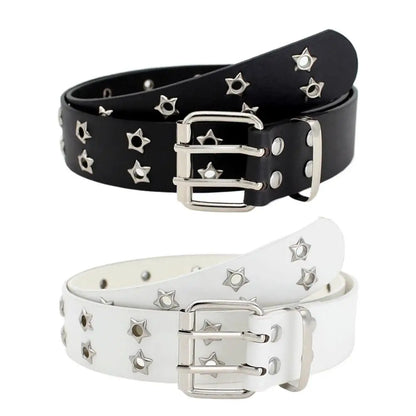 Y2K Punk Rivet Leather Belts  Star PU Black White Waist Strap Double Row Hollow For Jeans Skirt Decor Gothic Waistband
