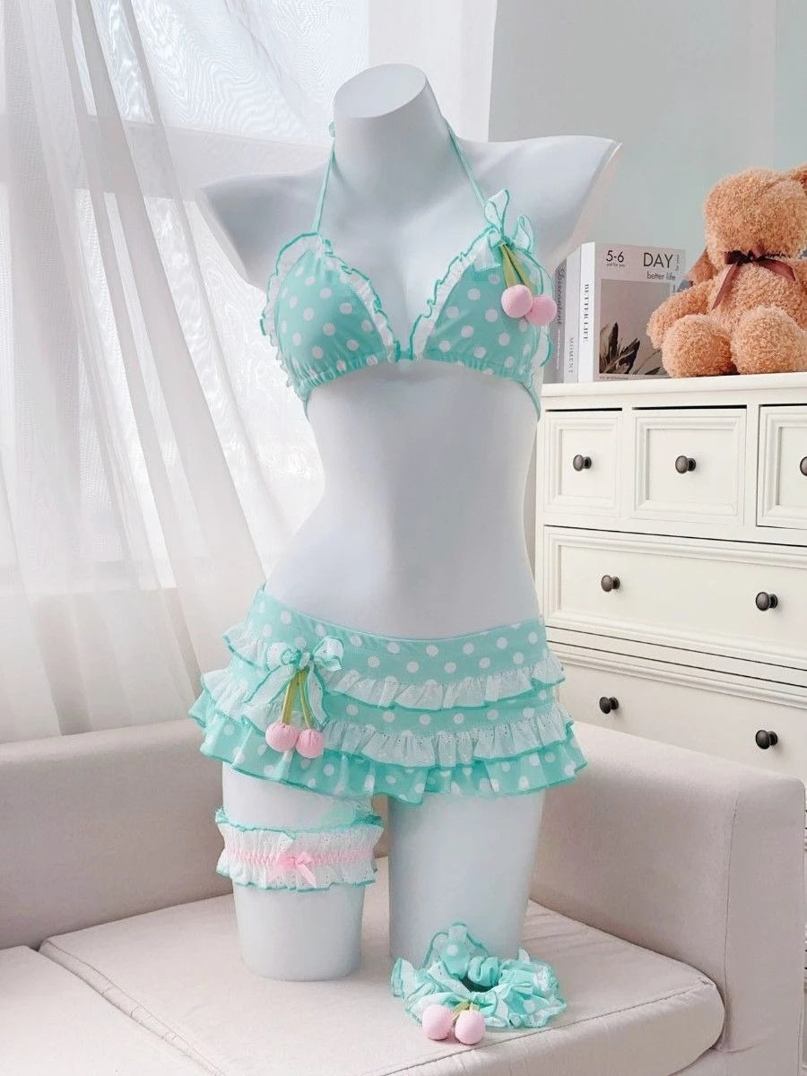 Y2K Korean Cute Two Piece Swimsuit Women Print Ruffle Halter Bikini with Mini Skirt Beach Vacation