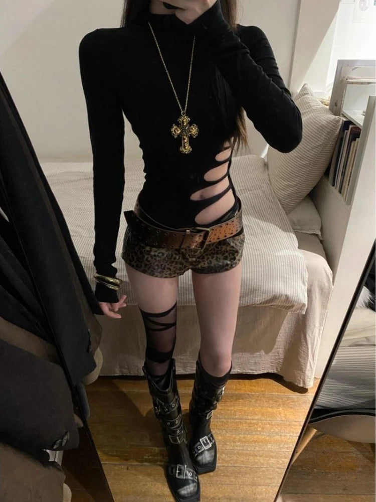 Sexy Retro Long Sleeve T-Shirt Women Vintage Hollow Out Design Slim Black Tops Harajuku Casual High Street Chic Clothes