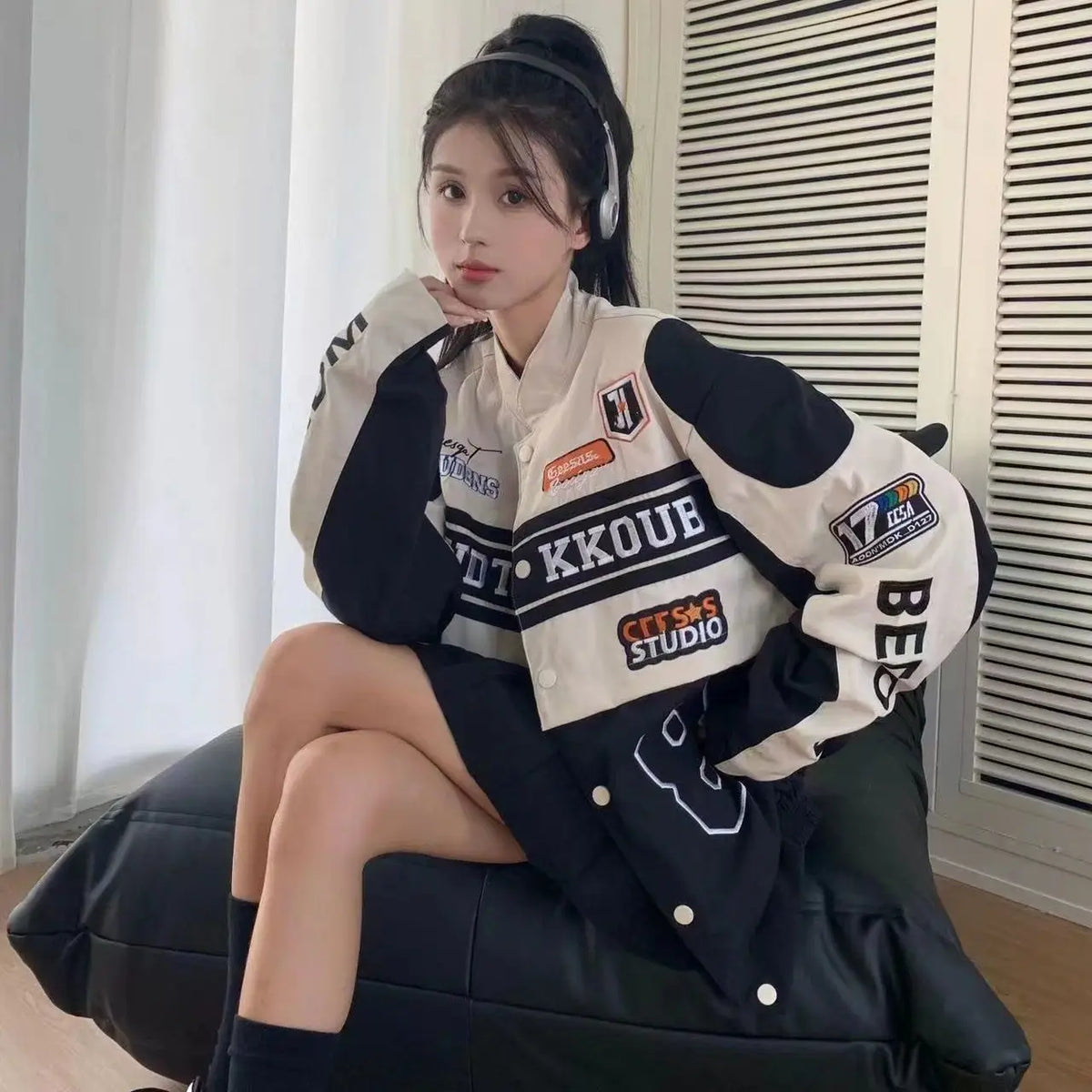Women's Casual Short Jacket with Zippers Retro Loose Baseball Jacket for 2024 Autumn Detachable Moto Coat Embroidered Letters