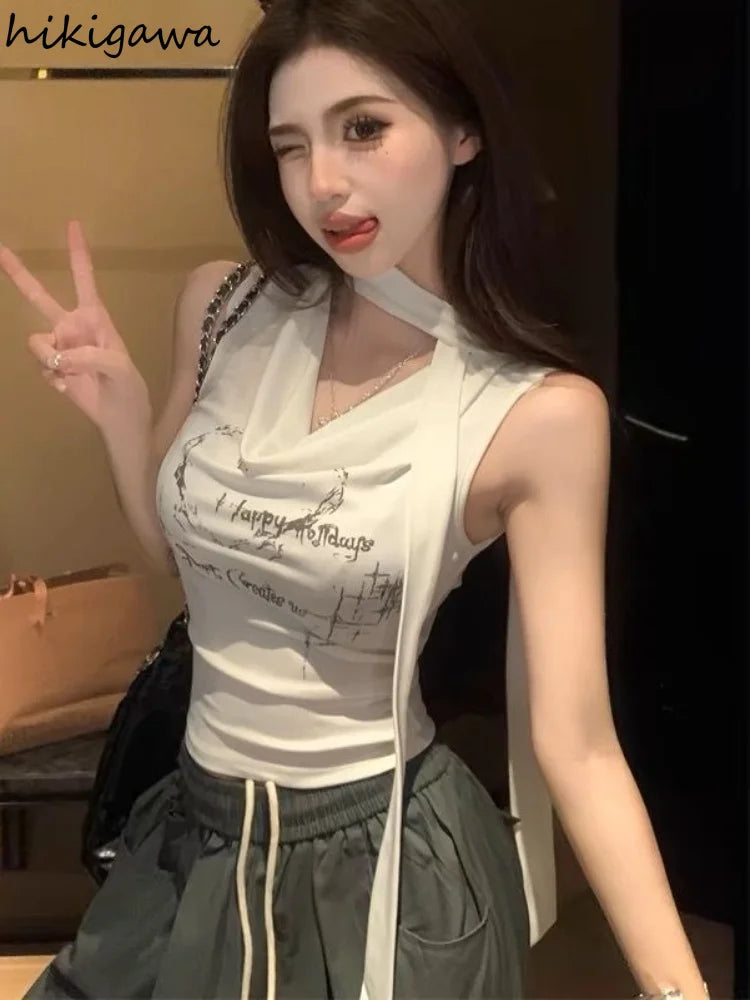 Sexy Tanks 2026 Women's Clothing Sleeveless Print White Camis Ropa Mujer Slim Fit Korean Tees Fashion Summer Vest Crop Tops
