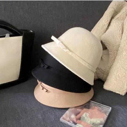 Retro Hepburnesque Felt Formal Hat Wealthy Heiress Style British Style Bowknot Bucket Hat Panama Cap Autumn
