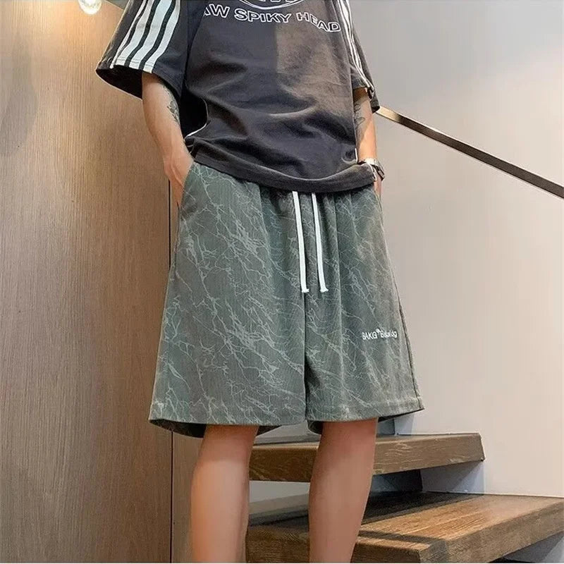 2026 Summer Letter Print Sports Shorts For Men High Street Punk Baggy Casual Short Pants Retro Tie-Dye Youthful Beach Bermudas