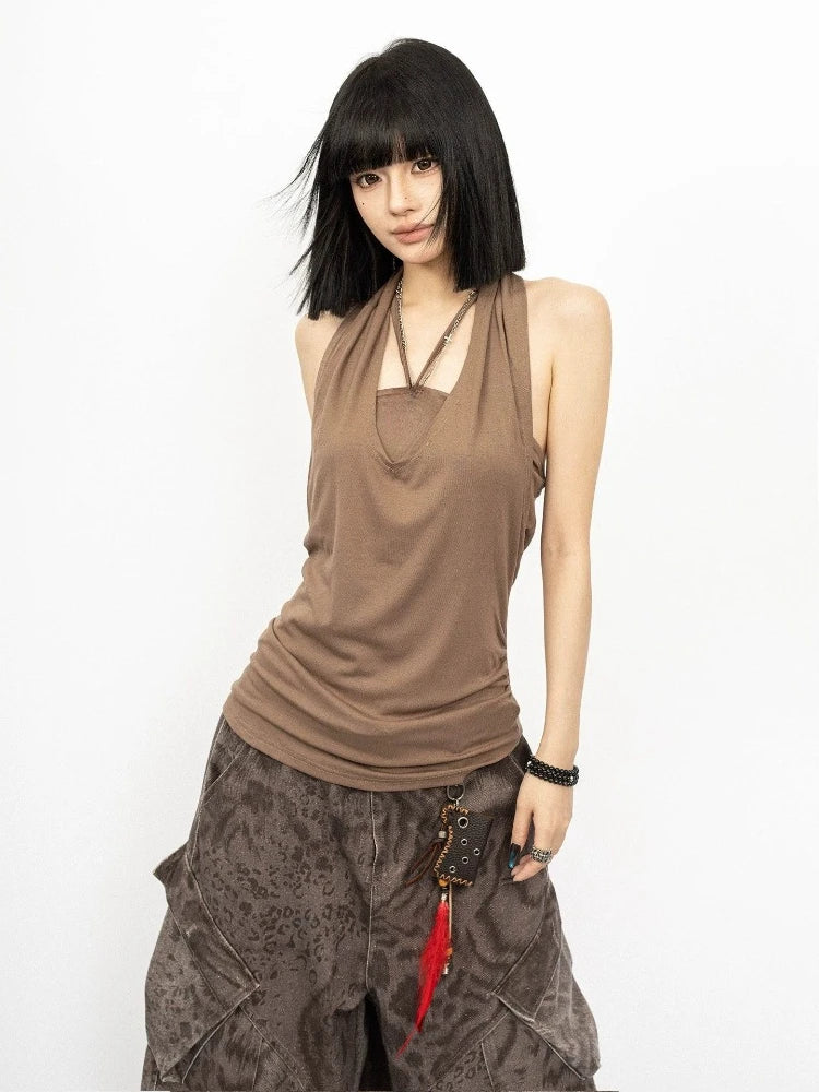 2026 Fake Two Pieces Streetwear Women Tank Top Harajuku Halter Vintage Camisole Summer Sexy Y2k Aesthetic Slim Fit Pleated Vest