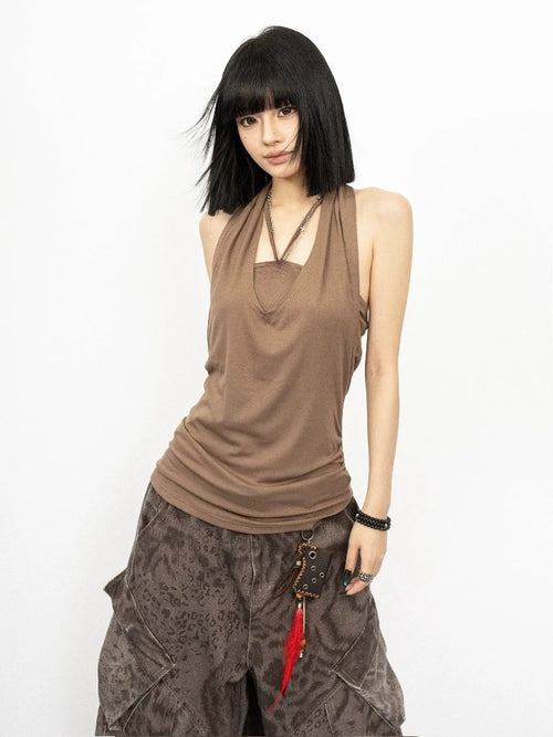 2026 Fake Two Pieces Streetwear Women Tank Top Harajuku Halter Vintage Camisole Summer Sexy Y2k Aesthetic Slim Fit Pleated Vest