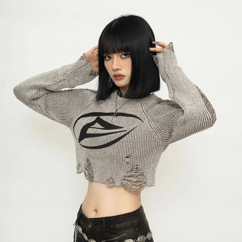 American Vintage Distressed Cropped Pullover Women Long Sleeve Street Knit Top Subculture O Neck Ripped Harajuku Y2K Sweater