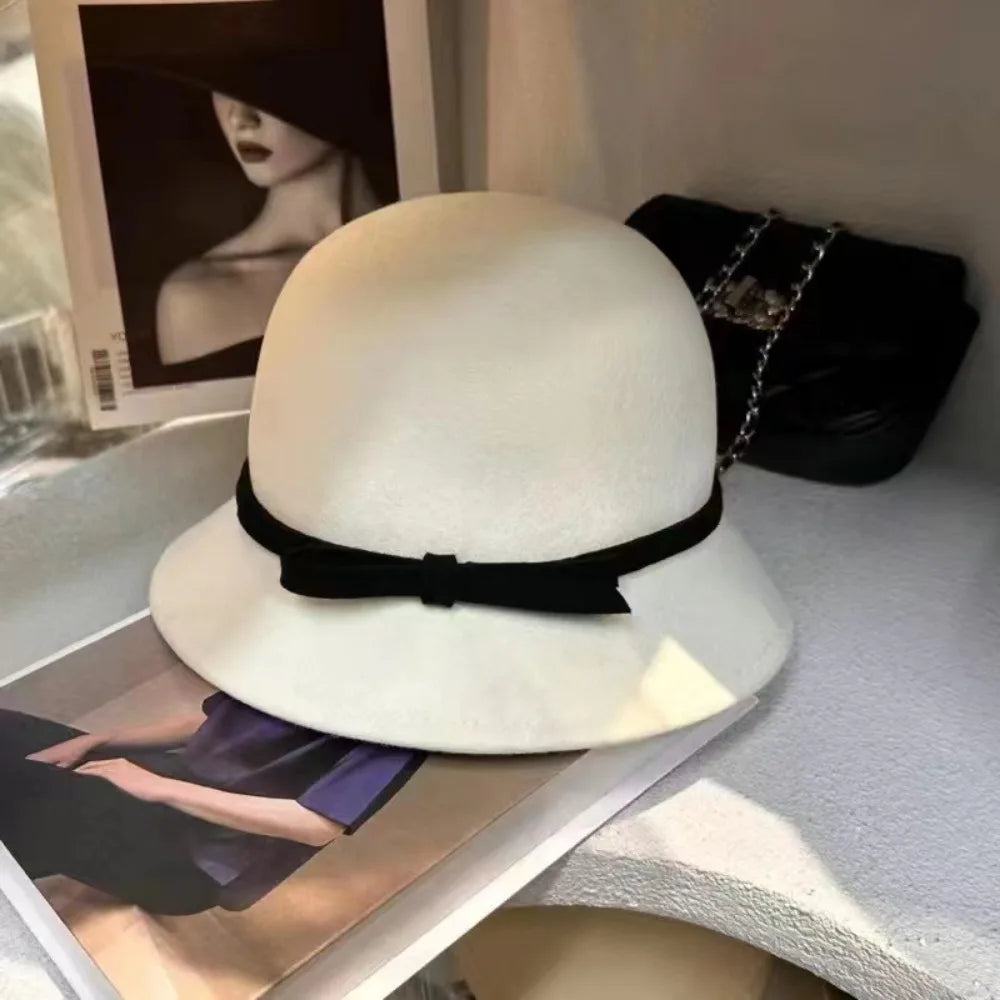 Retro Hepburnesque Felt Formal Hat Wealthy Heiress Style British Style Bowknot Bucket Hat Panama Cap Autumn