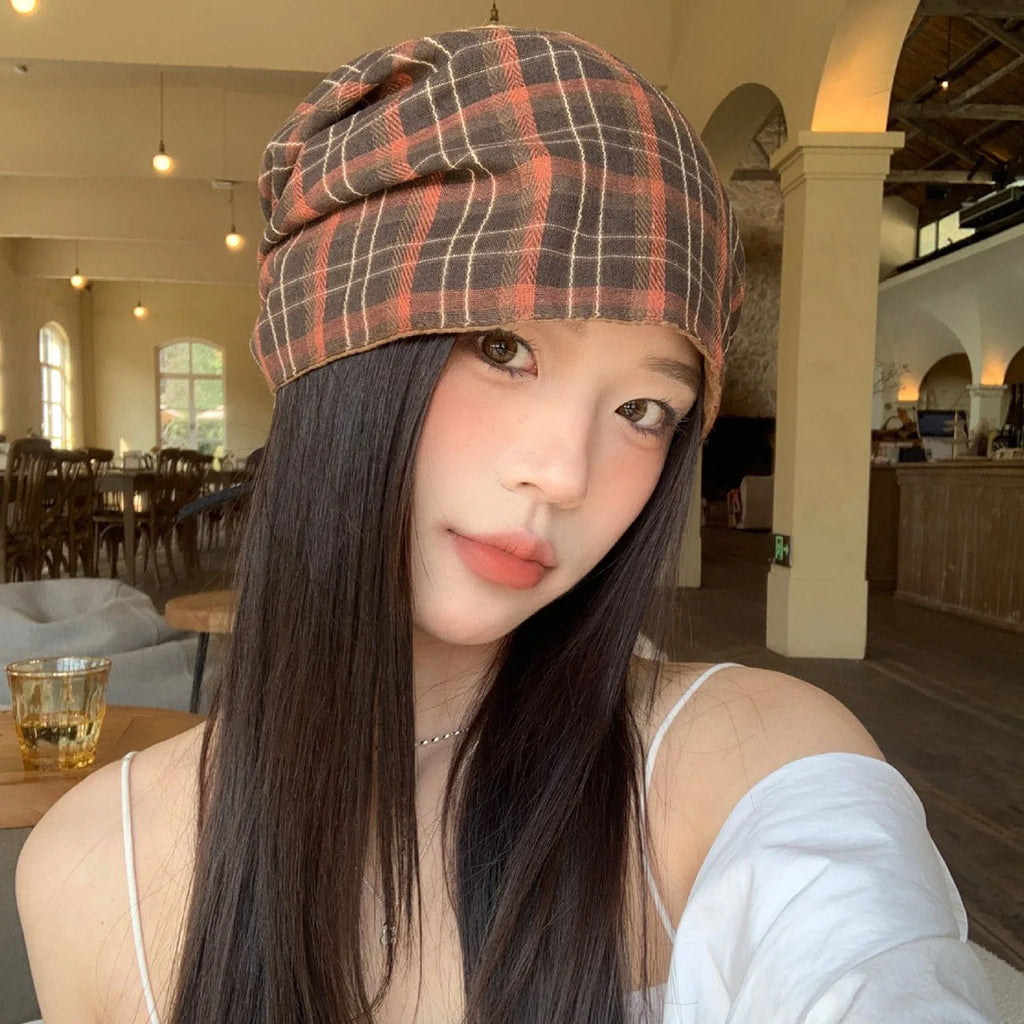 Vintage Plaid Beanies Hat for Women Autumn Spring Double-sided Wear Headscarf Hats Hip Hop Girl Versatile Warm Pullover Cap