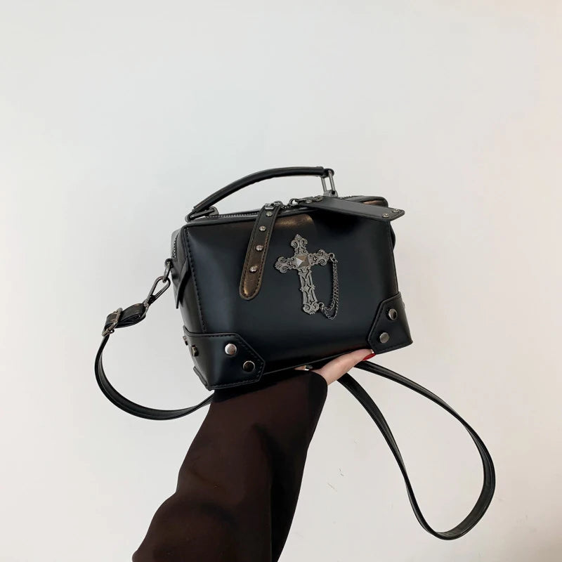 Women Gothic Punk Square Small Crossbody Handbag with Top Handle Skull Crosses Chain PU Leather Shoulder Bag Purse