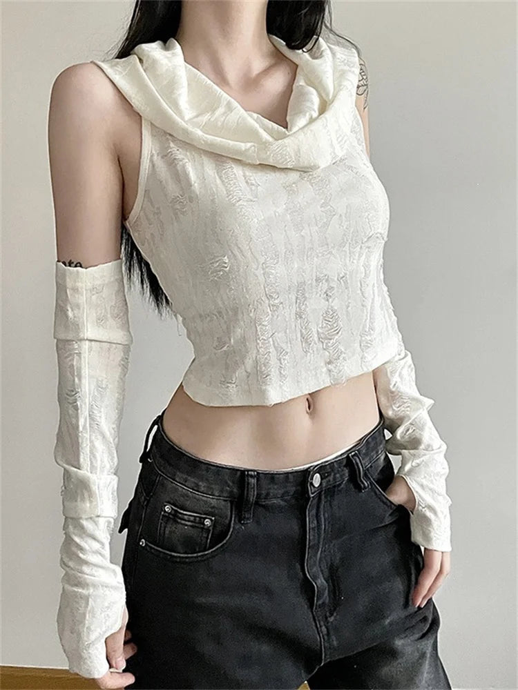 Sylcue Solid Color Vintage Distressed Simple All-Match Fashionable Cool Cool Summer Travel Free Women's Knitted Hooded Top
