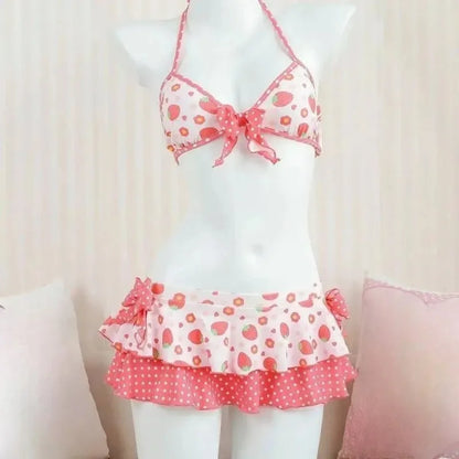 Y2K Korean Cute Two Piece Swimsuit Women Print Ruffle Halter Bikini with Mini Skirt Beach Vacation