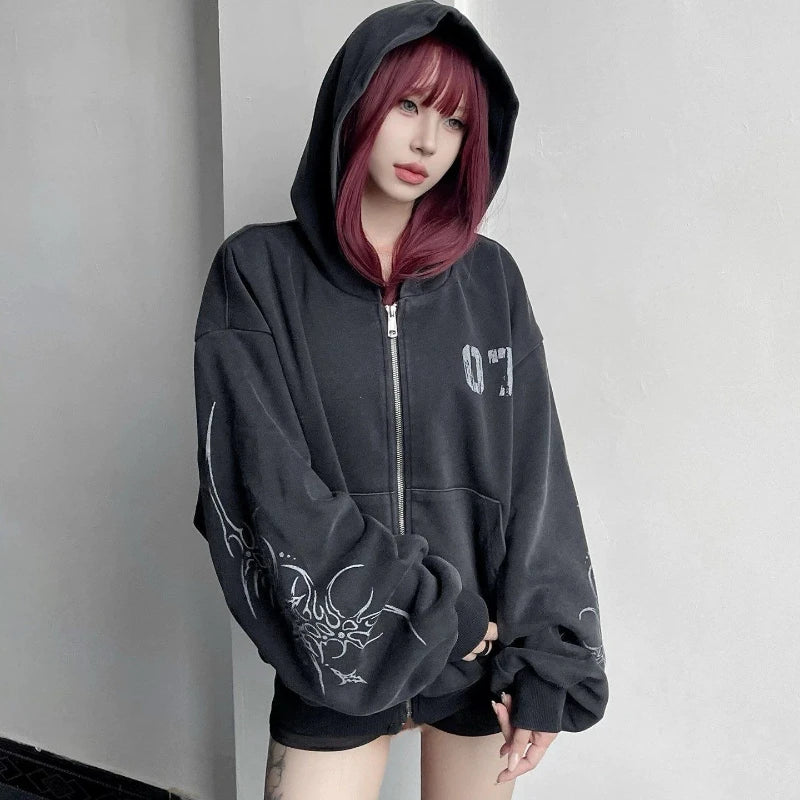 Vintage Distressed Print Hoodie Long Sleeve Slim Women Casual Sweatshirt Streetwear Y2k Retro Zipper 2025 Autumn