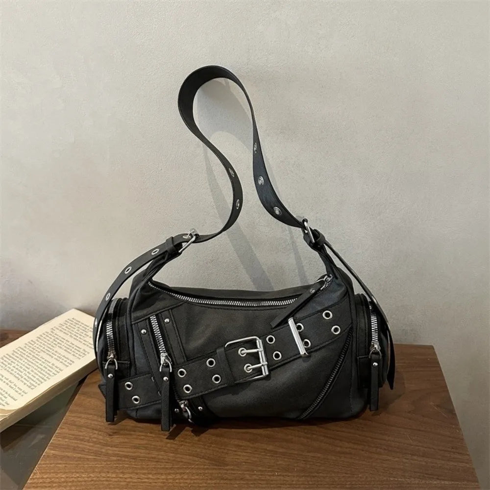 PU Leather Crossbody Shoulder Bag Large Capacity Belt Buckle Design Tote Bag for Women Lightweight Chic Hot Girl Motorcycle Bag
