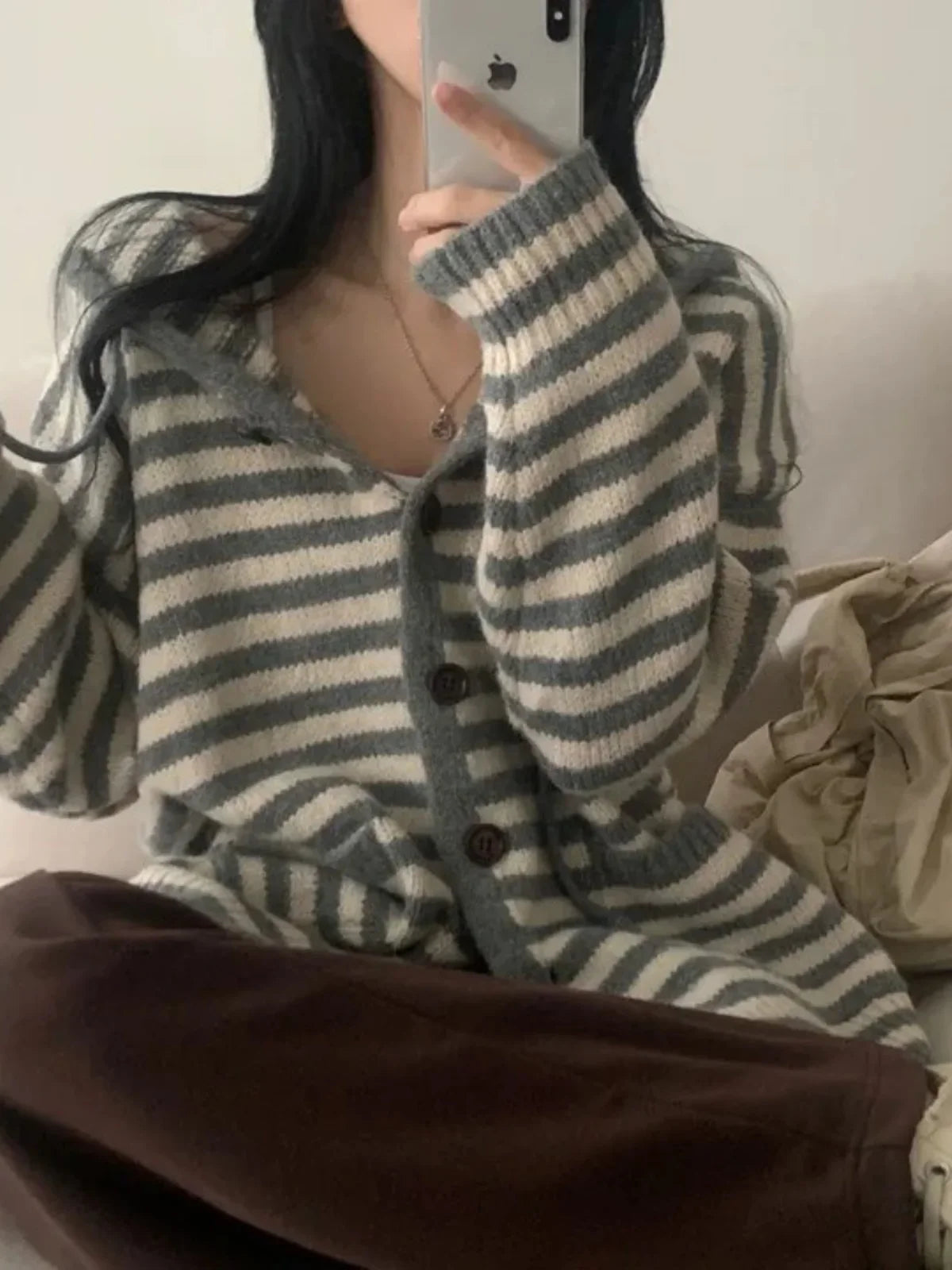 Fall Retro Women's Knitted Sweater Coat Faionable Striped Lazy Sle Hood Single Button Zipper Design Sense Top Warmth