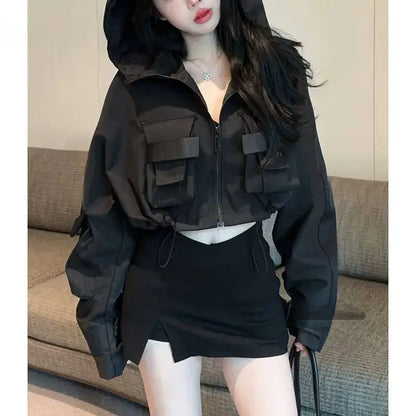 Fall Hot Sale Of The Season Women's Trendy Short Jacket Street Style Workwear Large Pocket Design Hooded Coat Casual Outerwea