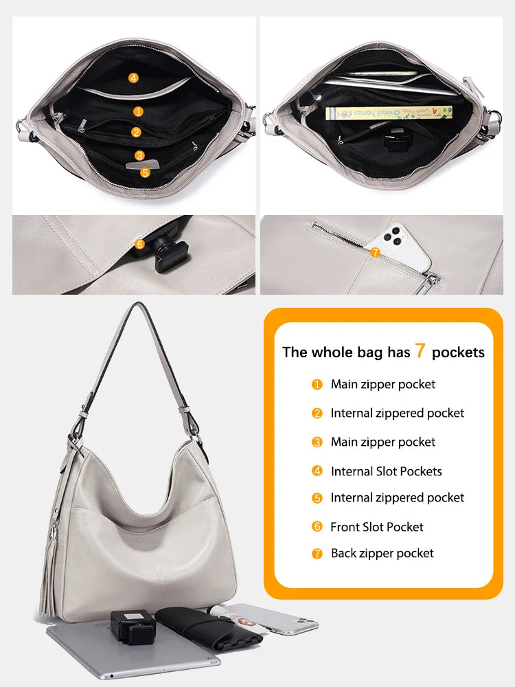 Zency Elegant Beige Tassel Hobo Bag Soft Leather Women's Shoulder Bag 2025 New Handbag Long Strap Crossbody 8 Color Shopper