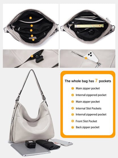 Zency Elegant Beige Tassel Hobo Bag Soft Leather Women's Shoulder Bag 2025 New Handbag Long Strap Crossbody 8 Color Shopper