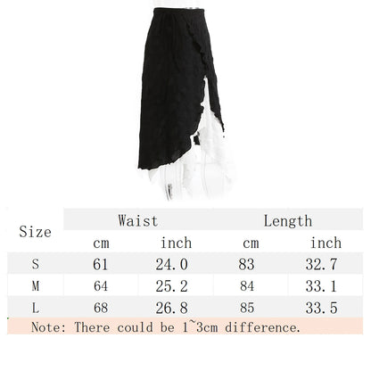 Y2k Mid-Long Skirts Irregular Spliced Streetwear Vintage Design Black White Contrasting High Waisted Asymmetrical Mesh Long Skir