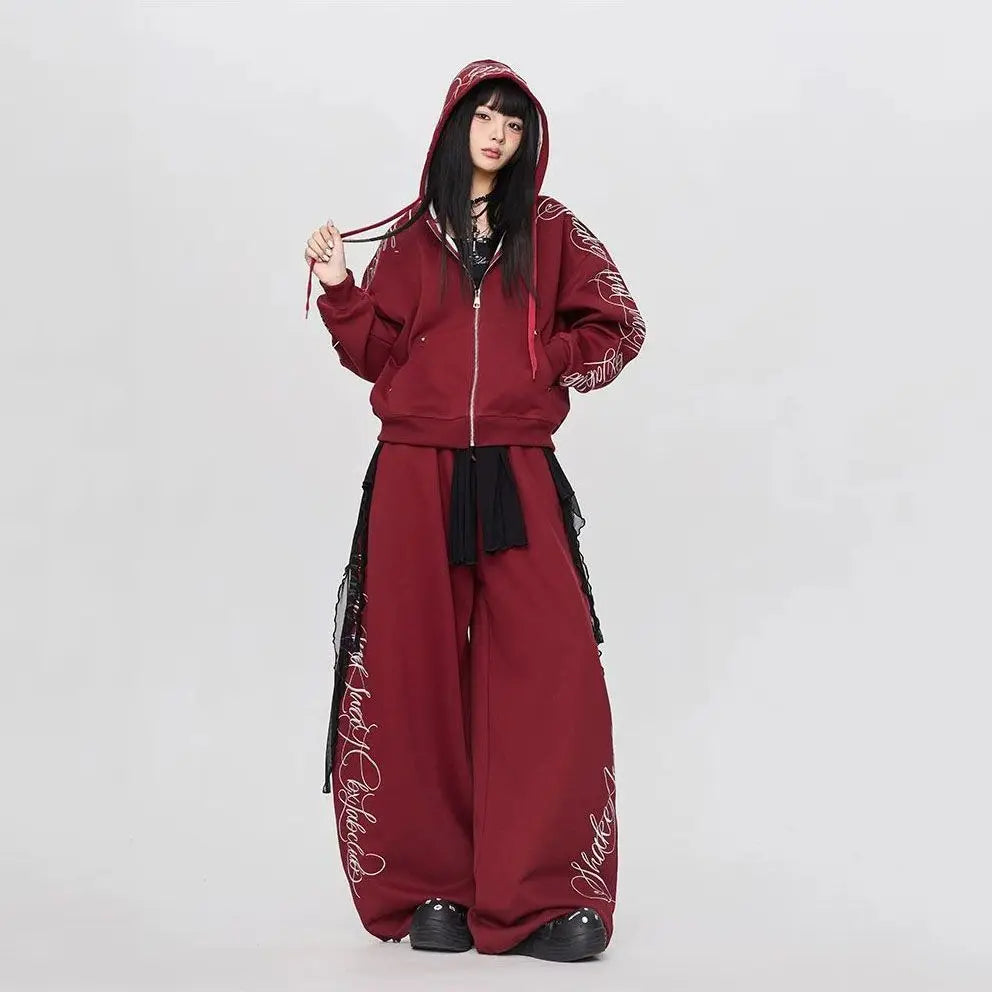 Autumn Winter New Fashion Solid Color Printed Two Piece Set Y2K Trendy Cool Hot Girl Hooded Zipper Hoodie Pants Street Dance Set
