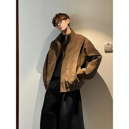 Hot jacker Men's Spring Stand Collar Motorcycle Jacket Fashionable Splicing Design Trendy Outerwear for Men