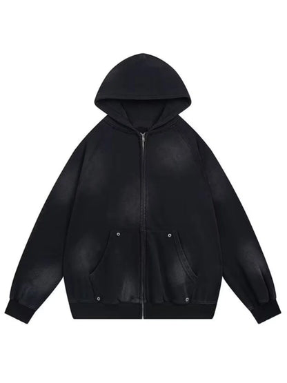 Retro American Heavyweight Faded Zipper Hoodie Set Sporty Two-Piece Suit for Men And Women Casual Cotton Polyester Blend