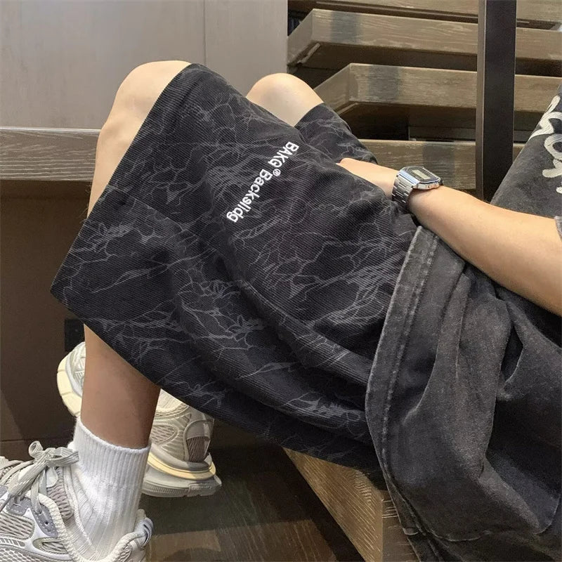 2026 Summer Letter Print Sports Shorts For Men High Street Punk Baggy Casual Short Pants Retro Tie-Dye Youthful Beach Bermudas