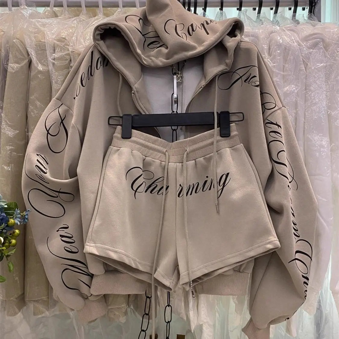 Vintage High Street Hooded Sweatshirt Jacket Shorts Two-Piece Set Women Outfit Shorts Sets Long-Sleeve Jacket Spring Autumn Suit